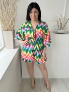 (M) Színes Mintás Mellnél Megkötős, Fodros Szegélyű, Gumisderekú Overál