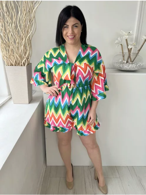 (M) Színes Mintás Mellnél Megkötős, Fodros Szegélyű, Gumisderekú Overál