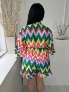 (M) Színes Mintás Mellnél Megkötős, Fodros Szegélyű, Gumisderekú Overál