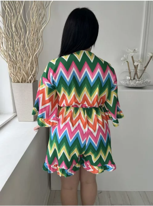 (M) Színes Mintás Mellnél Megkötős, Fodros Szegélyű, Gumisderekú Overál