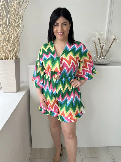 (M) Színes Mintás Mellnél Megkötős, Fodros Szegélyű, Gumisderekú Overál