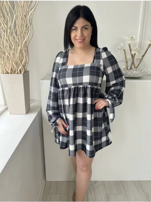 Asos (M) Fekete-Szürke-Fehér Kockás, Anyagában Mintás, Ujjvégén Megköthető, Hátul Nyakban Megkötős Ruha