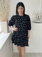 New Look (M) Fekete Fehér Pöttyös, Buggyos Ujjú 100% Pamut, Hátul Nyakban Gombos Ruha