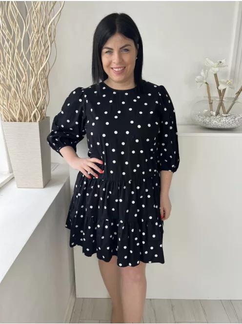 New Look (M) Fekete Fehér Pöttyös, Buggyos Ujjú 100% Pamut, Hátul Nyakban Gombos Ruha