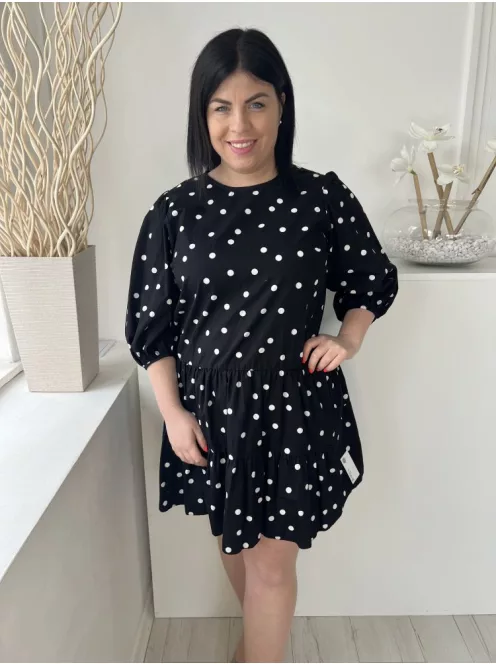 New Look (M) Fekete Fehér Pöttyös, Buggyos Ujjú 100% Pamut, Hátul Nyakban Gombos Ruha