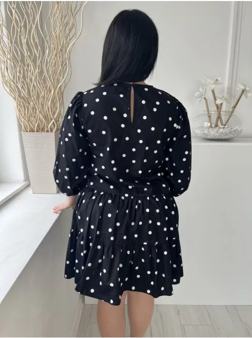 New Look (M) Fekete Fehér Pöttyös, Buggyos Ujjú 100% Pamut, Hátul Nyakban Gombos Ruha