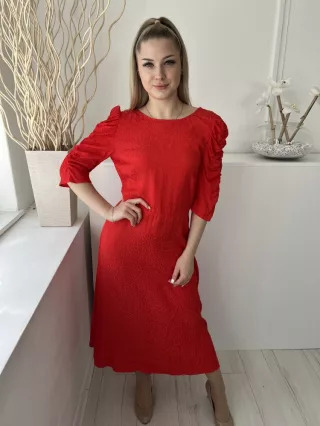   ÚjM&S (M) Piros Anyagában Foltmintás, Oldalt Cipzáros Hátul Nyitott, Csavart, Ujján Húzott Ruha