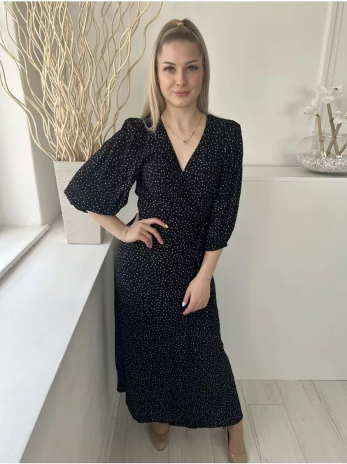 Other Stories (XS) Fekete Fehér Apró Pöttyös, Buggyos Ujjú Átlapolt, Oldalt Megkötős Ruha