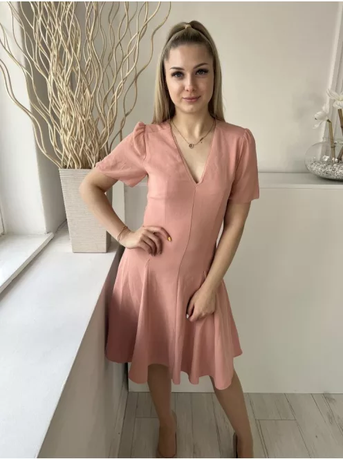 (M) Sötétpúder Oldalt Cipzáros, Vállán Ráncolt V Kivágású, Szoknyarésze Bővített Fazonú Ruha