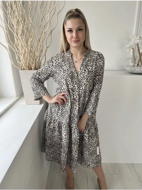 Primark (M) Drapp-Szürke Fekete Foltmintás, V Kivágású Fodros Aljú, Bőfazonú Ruha