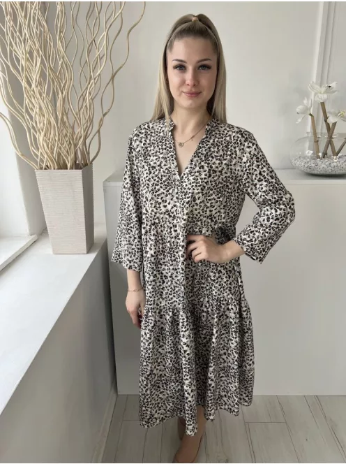 Primark (M) Drapp-Szürke Fekete Foltmintás, V Kivágású Fodros Aljú, Bőfazonú Ruha