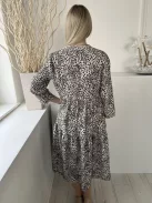 Primark (M) Drapp-Szürke Fekete Foltmintás, V Kivágású Fodros Aljú, Bőfazonú Ruha