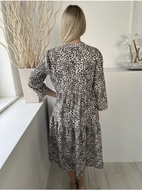 Primark (M) Drapp-Szürke Fekete Foltmintás, V Kivágású Fodros Aljú, Bőfazonú Ruha