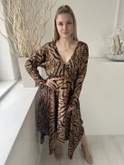 ÚJAX (M) Barna Fekete Tigriscsíkos, Hátul Cipzáros Mellnél Átlapolt, aszimmetrikus Aljú Ruha