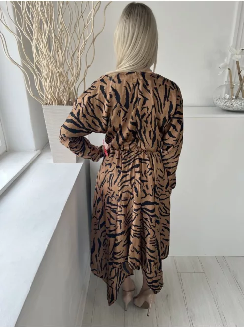 ÚJAX (M) Barna Fekete Tigriscsíkos, Hátul Cipzáros Mellnél Átlapolt, aszimmetrikus Aljú Ruha