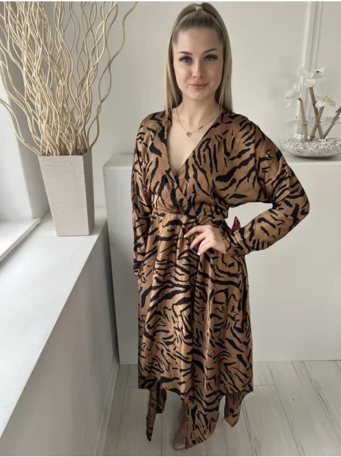 ÚJAX (M) Barna Fekete Tigriscsíkos, Hátul Cipzáros Mellnél Átlapolt, aszimmetrikus Aljú Ruha