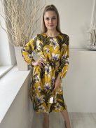 ZARA (S) Sárga Színes Virágos, Derékban Díszköves Hátul Nyakban Gombos Ruha