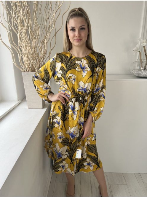 ZARA (S) Sárga Színes Virágos, Derékban Díszköves Hátul Nyakban Gombos Ruha