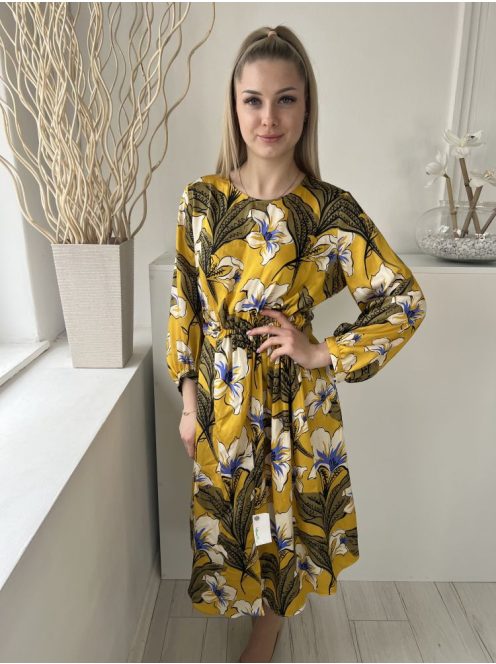 ZARA (S) Sárga Színes Virágos, Derékban Díszköves Hátul Nyakban Gombos Ruha