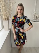 By Very (S) Fekete Színes Virágos, Derékban Szabott Hátul Cipzáros, Ujján Húzott Ruha
