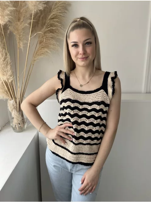 ÚJGallery (S) Drapp Fekete Csíkos, Fodros Vállú Kötött Felső