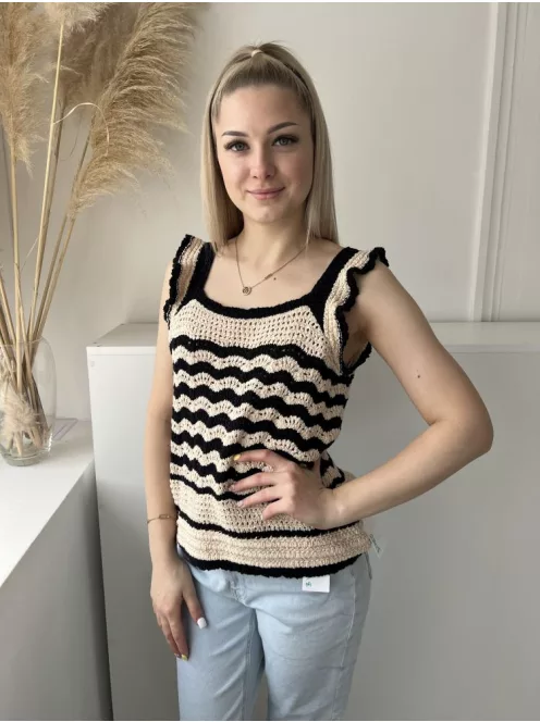 ÚJGallery (S) Drapp Fekete Csíkos, Fodros Vállú Kötött Felső