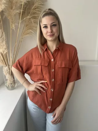   Primark (XS) Rozsdabarna Elől Végig Gombos, Mellnél Zsebes Galléros Felső