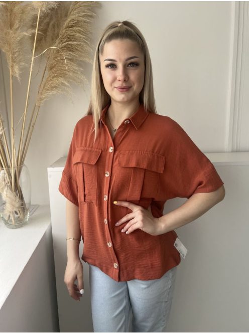 Primark (XS) Rozsdabarna Elől Végig Gombos, Mellnél Zsebes Galléros Felső