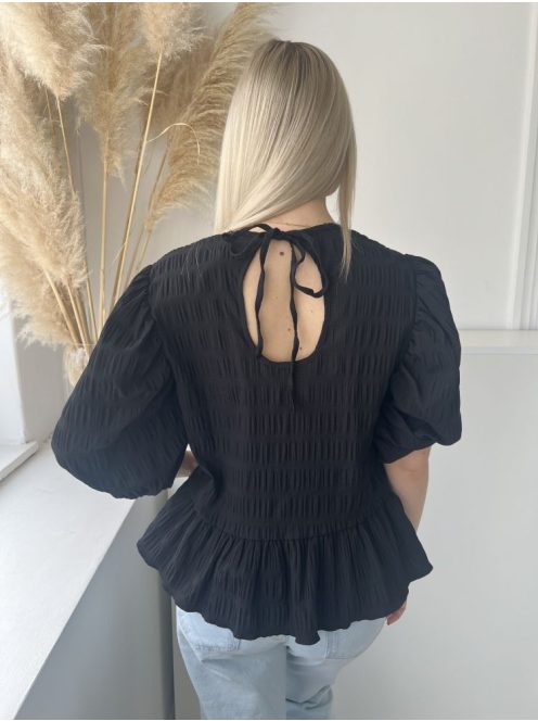 Primark (XS) Fekete Anyagában Mintás, Buggyos Ujjú Hátul Nyakban Megkötős Felső