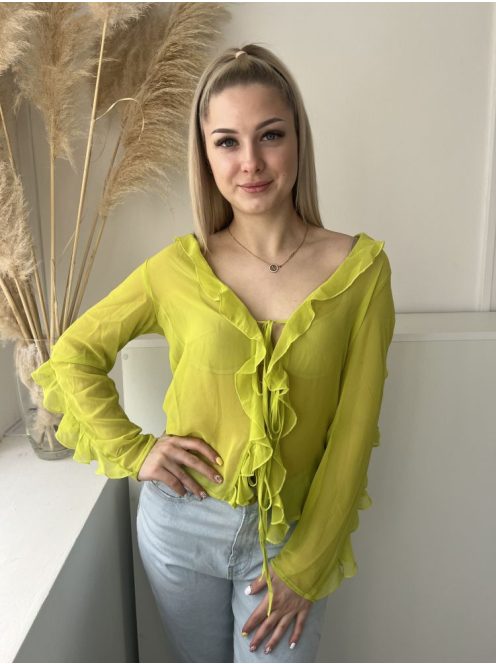 ÚJBoohoo (M) Neon Kisliba Zöld Elől Megkötős, Fodros Szegélyű Enyhén Áttetsző Felső