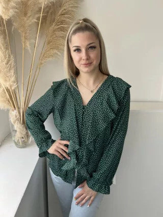   Gallery (M) Fenyőzöld Fehér Pöttyös, Fodros Elől Végig Gombos Felső