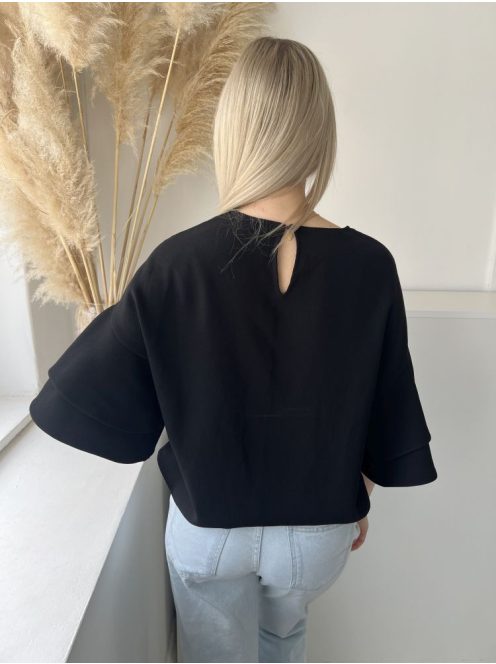 ZARA (XS) Fekete Hátul Nyakban Gombos Dupla Anyagú Tölcséres Ujjú Felső