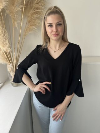   F&F (XS) Fekete Ujján Díszgyöngyös, V Kivágású Kerekített Aljú Felső