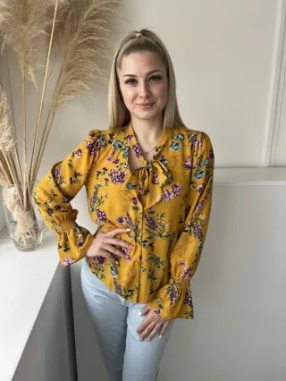   Primark (S) Okkersárga Színes Virágos, Elől Végig Gombos Nyakban Megköthető, Tölcsér Ujjú Felső
