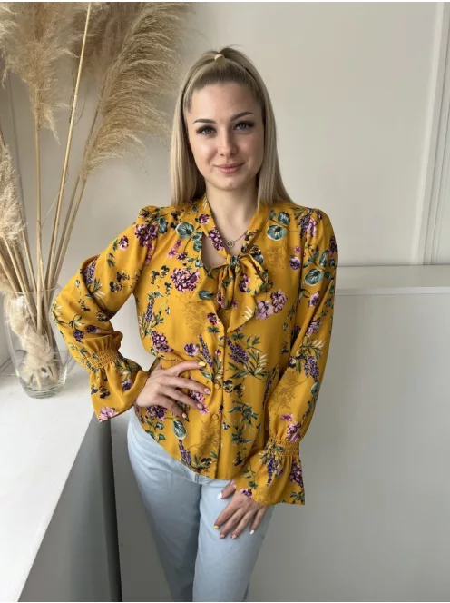 Primark (S) Okkersárga Színes Virágos, Elől Végig Gombos Nyakban Megköthető, Tölcsér Ujjú Felső