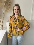 Primark (S) Okkersárga Színes Virágos, Elől Végig Gombos Nyakban Megköthető, Tölcsér Ujjú Felső