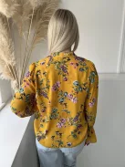 Primark (S) Okkersárga Színes Virágos, Elől Végig Gombos Nyakban Megköthető, Tölcsér Ujjú Felső
