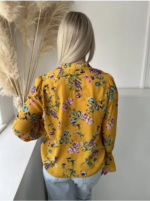 Primark (S) Okkersárga Színes Virágos, Elől Végig Gombos Nyakban Megköthető, Tölcsér Ujjú Felső