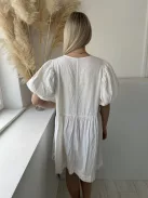 H&M (L) Fehér Elől Megkötős, Buggyos Ujjú Kerek Nyakú, 30% Len Alapanyagú Ruha