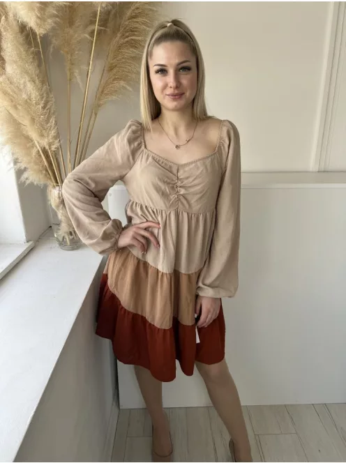 Shein (M) Barna Hátul Cipzáros, Mellnél Húzott Fodros Aljú, Gumírozott Vállú Ruha