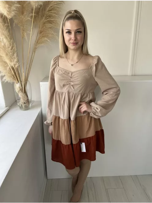 Shein (M) Barna Hátul Cipzáros, Mellnél Húzott Fodros Aljú, Gumírozott Vállú Ruha