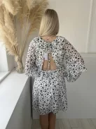 ÚJTopShop (M) Fehér Fekete Csillagmintás, Hátul Cipzáros Fodros, Hátul Nyakban Megkötős, Nyitott Hátú Ruha