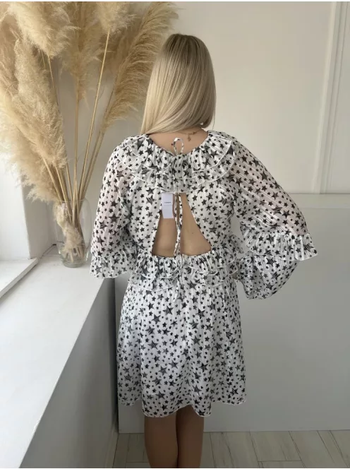 ÚJTopShop (M) Fehér Fekete Csillagmintás, Hátul Cipzáros Fodros, Hátul Nyakban Megkötős, Nyitott Hátú Ruha