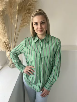   ZARA (M) Zöld Rózsaszín Csíkos, Elől Végig Gombos Galléros, Kerekített Aljú Felső