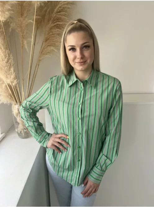 ZARA (M) Zöld Rózsaszín Csíkos, Elől Végig Gombos Galléros, Kerekített Aljú Felső