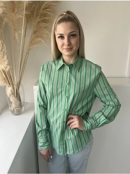 ZARA (M) Zöld Rózsaszín Csíkos, Elől Végig Gombos Galléros, Kerekített Aljú Felső