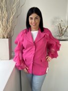 Shein (L) Pink Elől Gombos, Fodros Ujjú Zsebes Kabát