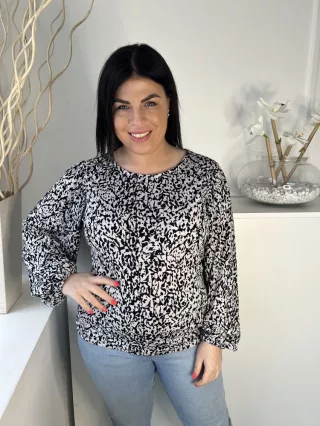   Jacqueline De Young (M) Fekete Fehér Sűrű Mintás, Kerek Nyakú Buggyos Ujjú, Gumis Ujjvégű Felső