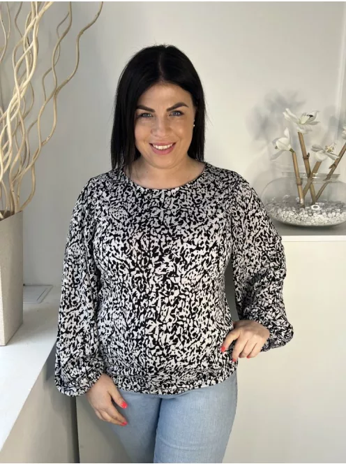 Jacqueline De Young (M) Fekete Fehér Sűrű Mintás, Kerek Nyakú Buggyos Ujjú, Gumis Ujjvégű Felső