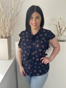 ZARA (L) Sötétkék Piros Apró Virágos, Fodros Vállú Nyakban Megköthető, Elől Végig Gombos Felső
